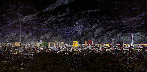 Original acrylic painting of Las Vegas Strip skyline at night with lightning storm sky
