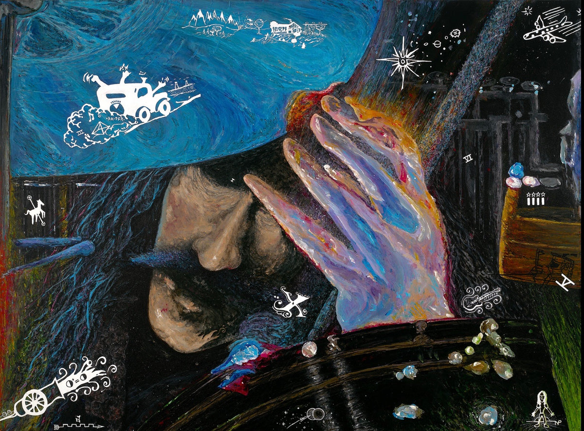 Original acrylic painting of Rush drummer Neil Peart with symbolic icons on canvas