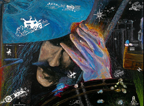 Original acrylic painting of Rush drummer Neil Peart with symbolic icons on canvas