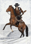 Original acrylic painting of Stevie Ray Vaughan as a cowboy riding a rearing horse with guitar