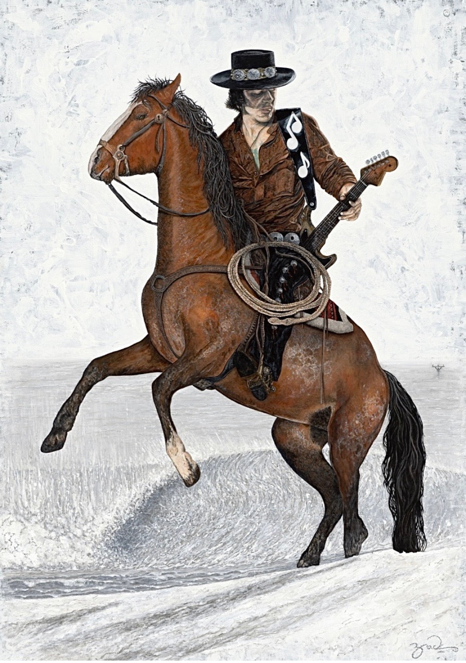 Original acrylic painting of Stevie Ray Vaughan as a cowboy riding a rearing horse with guitar