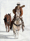 Original acrylic painting of Billy Gibbons of ZZ Top riding through snow with pack horse