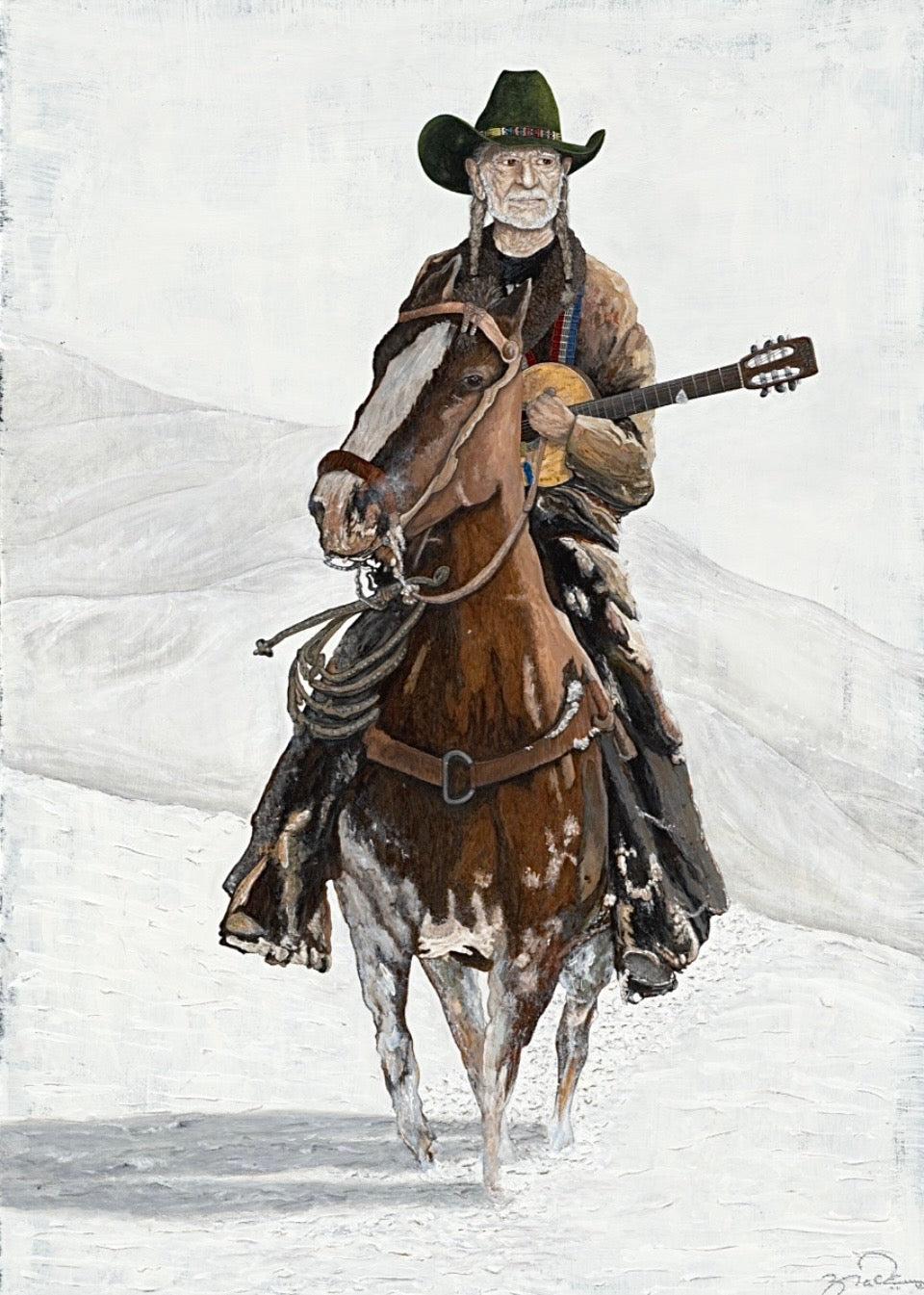 Country music legend Willie Nelson portrait painting on horseback, original canvas art
