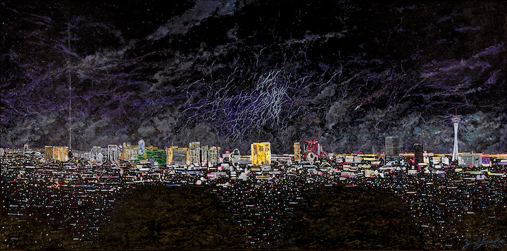 Lady Luck Las Vegas cityscape painting, original canvas art with colorful city lights